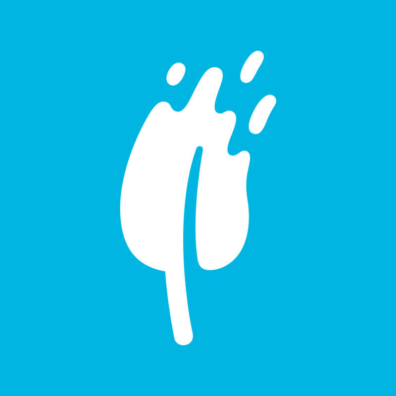 A white stylized leaf with a stem and several small white water droplets or splatters around its upper part, set against a solid light blue background.