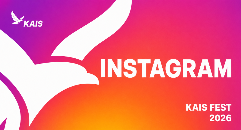A gradient background from purple to orange features large white abstract shapes on the left. The text "KAIS" with a bird logo is in the top-left, "INSTAGRAM" in the center, and "KAIS FEST 2026" in the bottom-right.