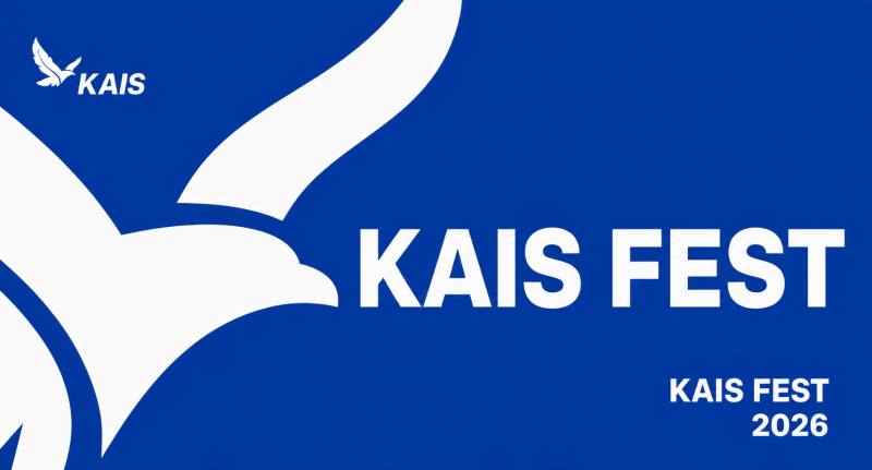 A blue background features a large white stylized bird graphic on the left, with "KAIS" and a small bird icon in the top left, and "KAIS FEST" prominently in the center, along with "KAIS FEST 2026" in the bottom right.
