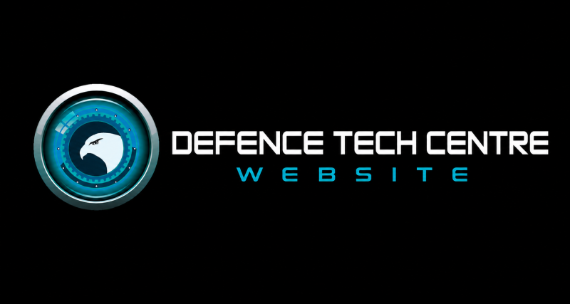A black background features a circular logo on the left, depicting a white eagle head inside a blue-teal glowing circle with gears. To the right, white text reads "DEFENCE TECH CENTRE" and blue-teal text below it reads "WEBSITE".