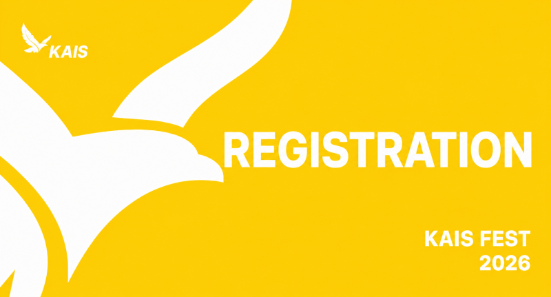 A yellow background with a large white abstract eagle design on the left. White text reads "KAIS" in the top left, "REGISTRATION" in the center, and "KAIS FEST 2026" in the bottom right.
