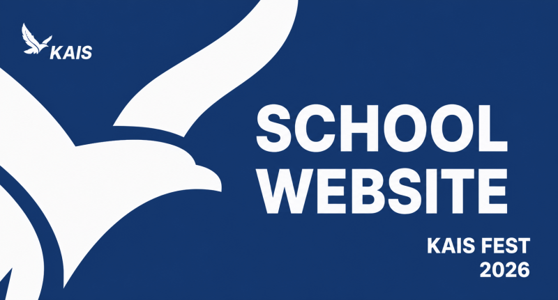 A dark blue background features a large white stylized bird graphic, with the text "KAIS" and a smaller bird icon in the top left. Large white text "SCHOOL WEBSITE" is centrally placed, and "KAIS FEST 2026" appears in the bottom right.