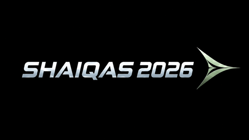 White and silver text 'SHAIQAS 2026' with a stylized arrow-like logo on the right, all set against a black background.
