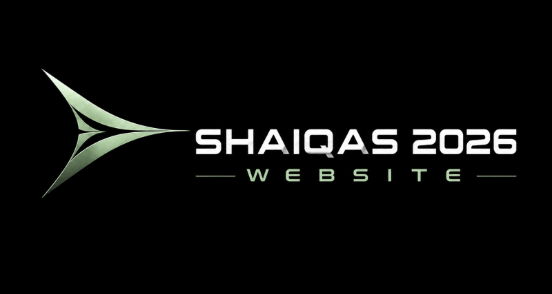 A black background features a stylized light green metallic logo resembling an arrow or abstract shape on the left. To its right, white text reads "SHAIQAS 2026", with "WEBSITE" in light green text framed by horizontal lines directly below.