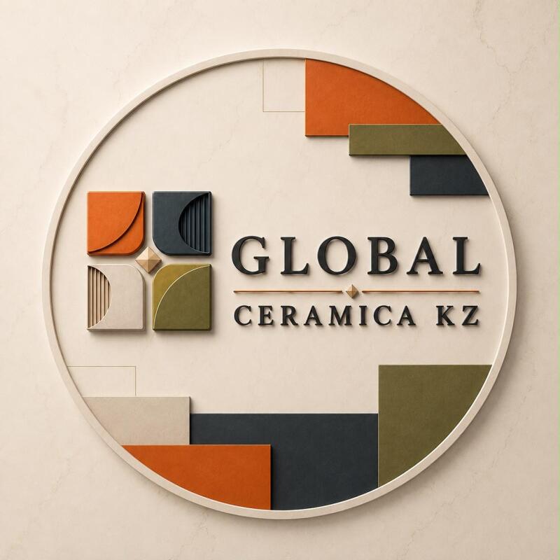 A circular logo on a light background, featuring the text 'GLOBAL CERAMICA KZ' in black. To the left of the text, four stylized square shapes in orange, dark grey, beige, and olive green, some textured, are arranged around a small diamond. Additional colored rectangular blocks are positioned around the circle's perimeter.