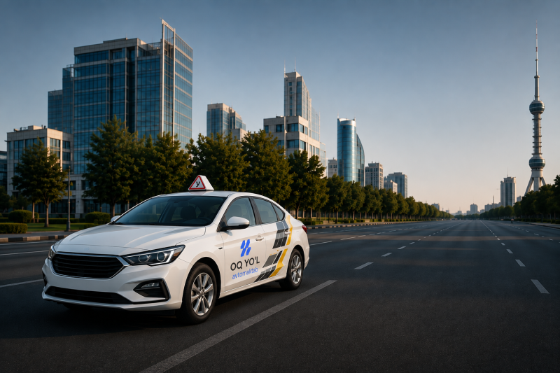 A white driver training car with a 'У' sign on its roof and 'OQ YOL avtomaktab' text on its side is parked on a wide, empty city street. Modern skyscrapers and a distant tall tower line the street under a clear sky.
