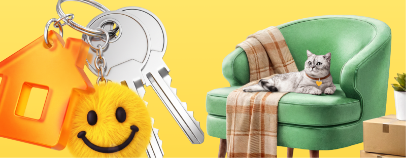 House keys with an orange house-shaped keychain and a yellow fluffy smiley face keychain are prominently displayed, alongside a silver cat resting on a green armchair with a plaid blanket, and moving boxes on a yellow background.