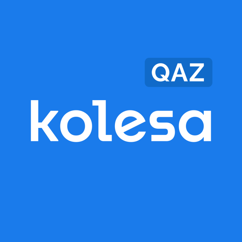 A blue background with the white text 'kolesa' in the center, and a smaller dark blue rounded rectangle with white text 'QAZ' positioned above and to the right.
