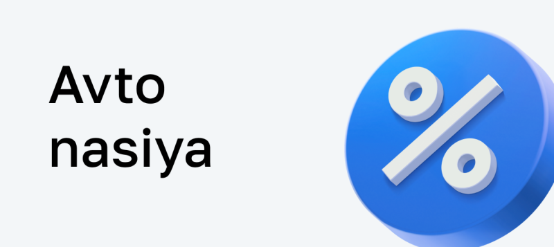 Black text 'Avto nasiya' on a light background, next to a blue 3D circle with a white percentage symbol.