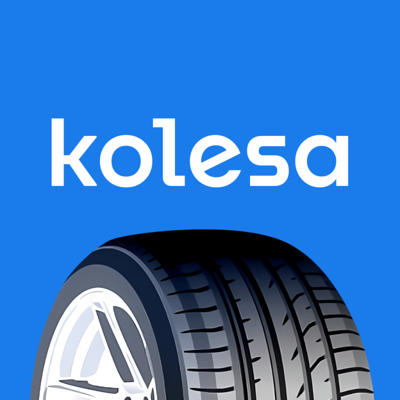 A white 'kolesa' logo is displayed on a blue background above a car tire with a silver rim.
