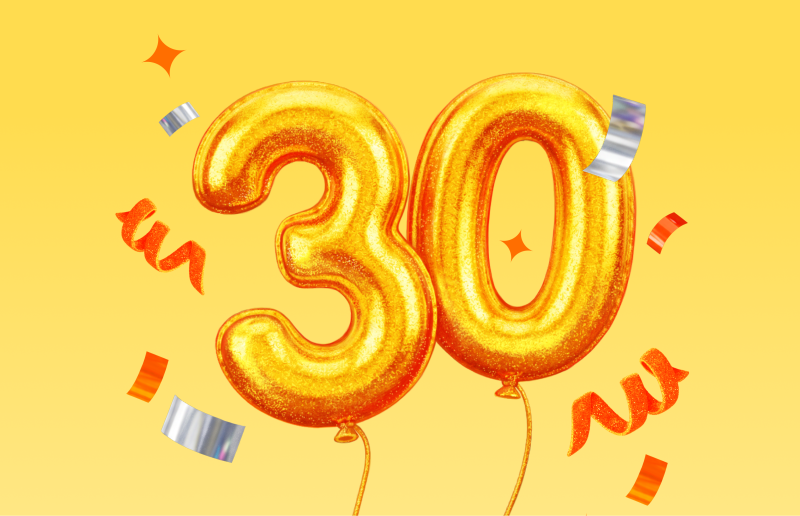 Golden glittery balloons shaped like the number "30" are centered on a yellow background. They are surrounded by falling orange and silver confetti and orange streamers.