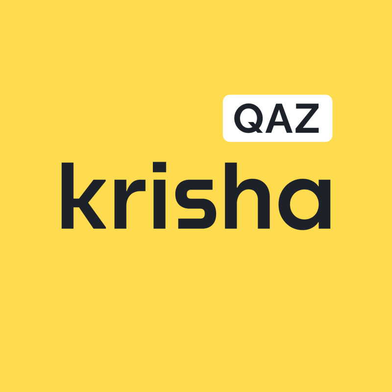A yellow background features the dark grey text "krisha" with a white rectangular bubble containing the text "QAZ" above and to its right.