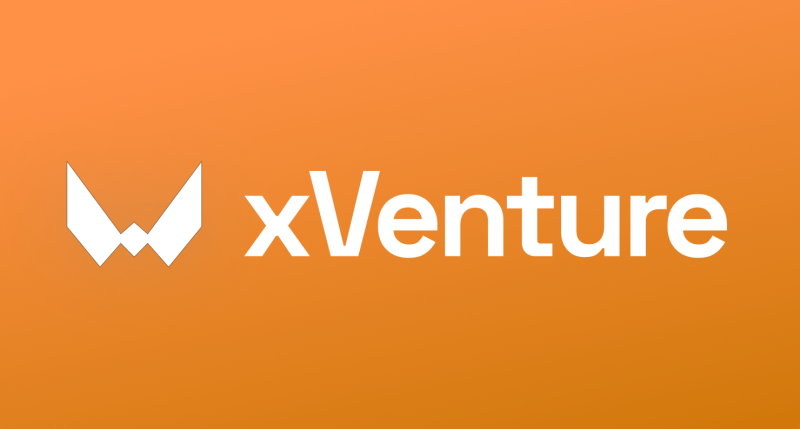A white stylized geometric symbol and the word 'xVenture' are displayed on an orange gradient background.