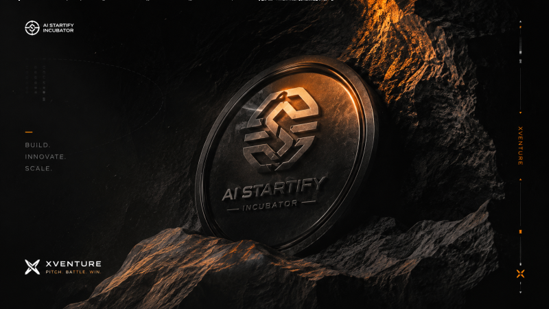 A dark, rugged landscape with orange highlights features a large, metallic circular emblem in the center bearing the text "AI STARTIFY — INCUBATOR —" and a geometric logo. Additional text elements include "AI STARTIFY INCUBATOR" in the top left, "BUILD. INNOVATE. SCALE." on the left, and "XVENTURE PITCH. BATTLE. WIN." in the bottom left.