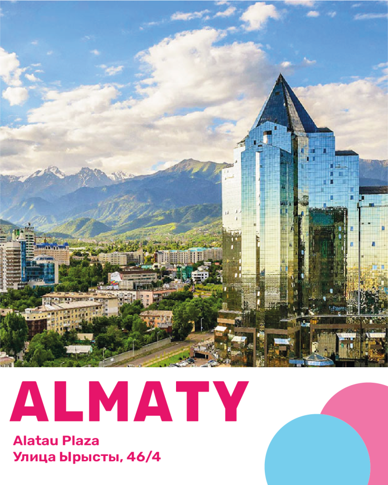 Панорамный вид на город Алматы с современным стеклянным небоскребом Alatau Plaza и заснеженными горами на заднем плане под голубым облачным небом. В нижней части изображения расположены текст «ALMATY», «Alatau Plaza» и «Улица Ырысты, 46/4» с розовым и синим кругами.