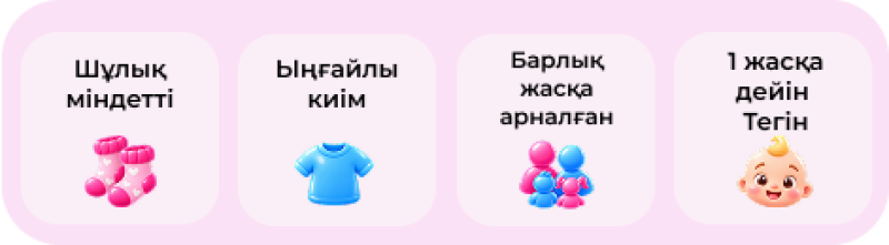 Четыре розовых квадрата, каждый с текстом и иконкой: «Носки обязательны» с розовыми носками, «Удобная одежда» с синей футболкой, «Для всех возрастов» с иконкой семьи и «Бесплатно до 1 года» с головой младенца.