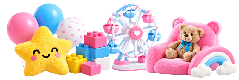 A collection of children's toys, including a yellow star plushie, pink and blue balloons, colorful building blocks, a pink and blue Ferris wheel, a pink teddy bear armchair with a brown teddy bear, and a pink and blue rainbow decoration.