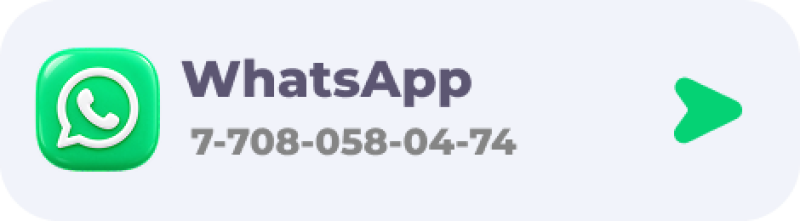 A white rounded rectangle displays a green 3D WhatsApp logo, the text "WhatsApp", and the phone number "7-708-058-04-74", with a green right-pointing arrow on the far right.
