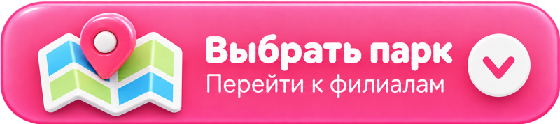 Розовая скругленная кнопка со значком карты и меткой местоположения слева, текстом «Выбрать парк» и «Перейти к филиалам» по центру, а также белым кругом с розовой стрелкой вниз справа.