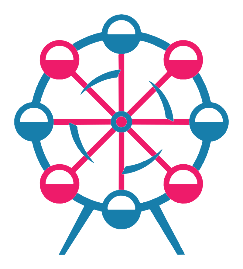 A stylized icon of a Ferris wheel with a blue outer frame and supports, and pink spokes and some gondolas. The remaining gondolas are blue.