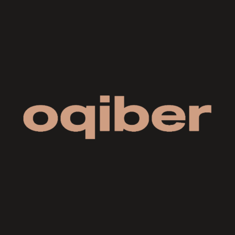 The word "oqiber" in light brown text against a dark brown background.