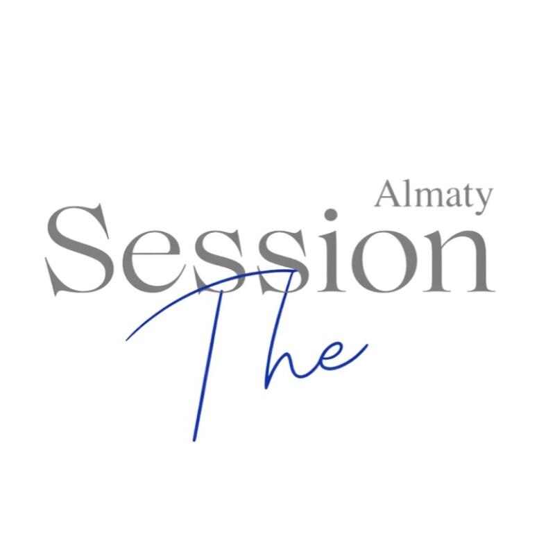 The text "Session Almaty" in grey serif font is displayed on a white background, with the word "The" in a blue cursive script font overlaid on "Session".