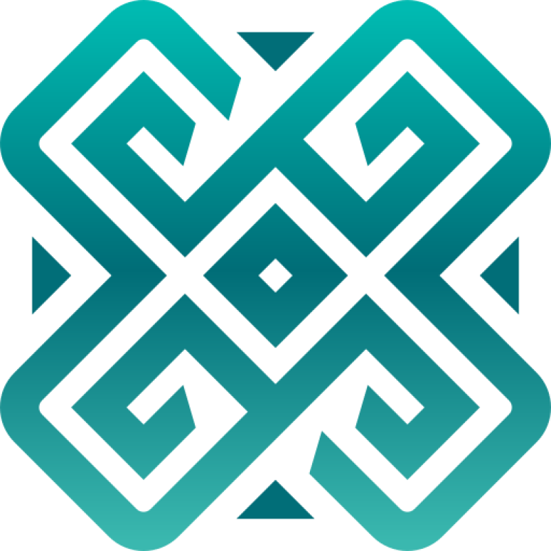 A symmetrical, geometric pattern with interconnected lines, squares, and triangles, featuring a teal-to-green gradient.