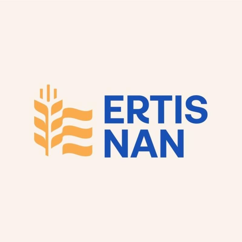 A logo featuring a golden wheat stalk icon combined with three wavy lines on the left, next to the blue text "ERTIS NAN" stacked vertically, all on a light beige background.
