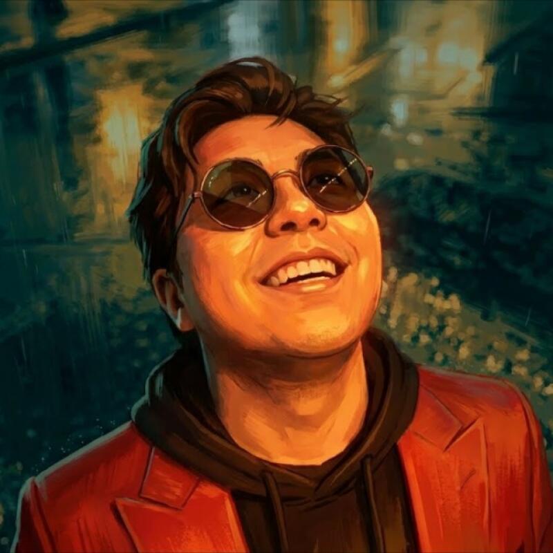 An illustration of a man with brown hair and round sunglasses, smiling and looking up, wearing a red blazer over a black hoodie, with a dark, blurry background featuring warm lights.