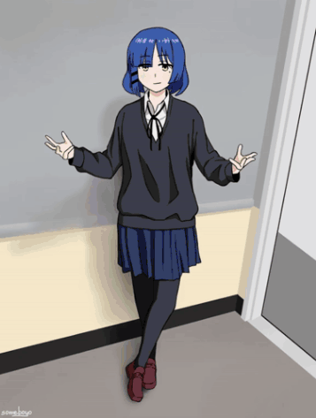 An anime girl with blue hair, bangs, and a black hair clip stands with arms outstretched and palms up, wearing a dark gray sweater, white shirt with a black bow, blue pleated skirt, black tights, and red shoes. She is in a room with gray walls and a cream baseboard, next to a white door frame, with "someboyo" visible in the bottom left.