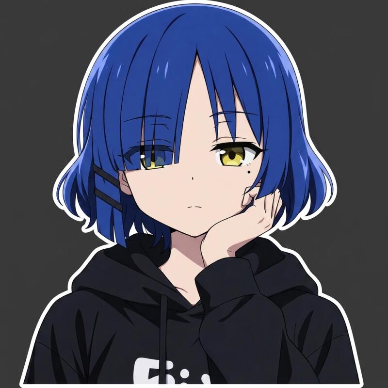 An anime girl with short blue hair and heterochromia, wearing a black hoodie with white text, rests her chin on her hand against a dark gray background.