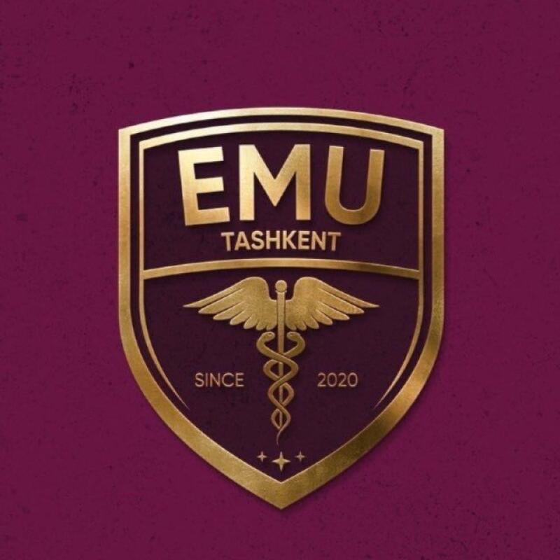 A gold-colored shield-shaped logo on a dark red background, featuring the text "EMU TASHKENT" at the top, a caduceus symbol in the middle, and "SINCE 2020" below it, with three small plus signs at the bottom.