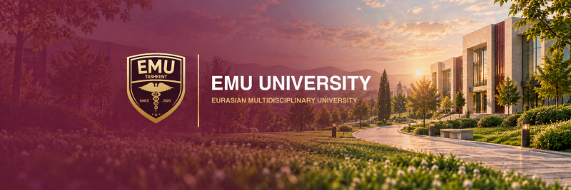 A modern university campus at sunset with contemporary buildings, green lawns, and a winding path, under a warm, colorful sky. A golden emblem with "EMU TASHKENT SINCE 2023" and text "EMU UNIVERSITY EURASIAN MULTIDISCIPLINARY UNIVERSITY" are overlaid on the left.