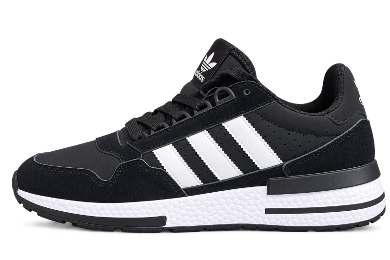A black Adidas sneaker with white stripes on the side and a white textured sole. The Adidas trefoil logo and 'adidas' text are visible on the tongue.