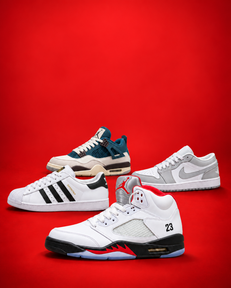 Four pairs of sneakers are displayed against a vibrant red background: a teal and off-white pair, a white Adidas Superstar with black stripes, a grey and white Nike low-top, and a white, black, and red Jordan with '23' on the heel.