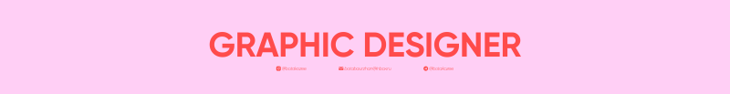 A light pink background with the bold red text 'GRAPHIC DESIGNER' in the center, and smaller contact information below: '@roadkame', 'barabuzhka@inbox.ru', and '@roadkame'.