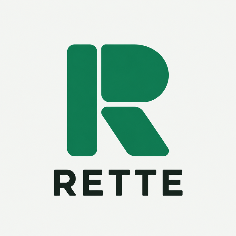 A stylized green letter "R" with rounded edges is displayed above the dark gray text "RETTE" on a light gray background.
