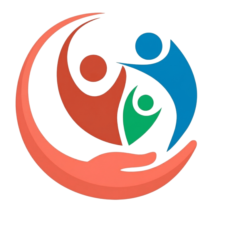 A logo featuring a coral-colored hand supporting three stylized human figures in red, blue, and green, arranged in a circular design.