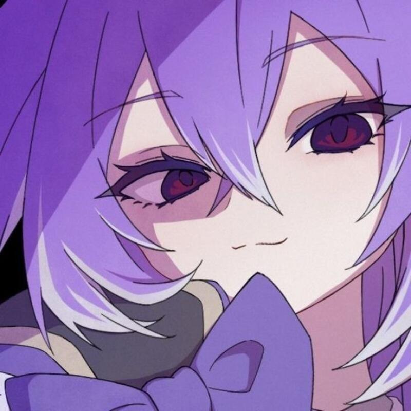 Close-up of an anime character with light purple hair and dark red eyes, displaying a subtle smirk while holding a purple bow near their chin.