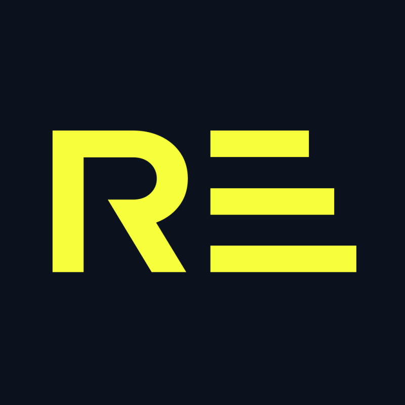 A bold yellow "R" next to a symbol composed of three horizontal yellow lines, resembling an "E", all on a dark background.