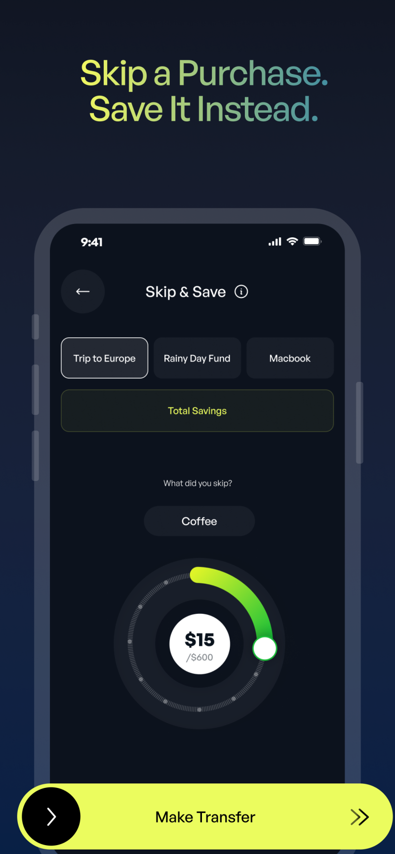 A mobile app interface displaying a "Skip & Save" feature, with options to save for "Trip to Europe", "Rainy Day Fund", or "Macbook", a circular progress bar showing "$15 / $600" saved from skipping "Coffee", and a prominent "Make Transfer" button at the bottom. The top text reads "Skip a Purchase. Save It Instead."