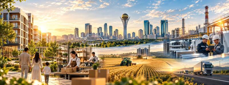 A panoramic collage depicts a modern city skyline featuring the Baiterek Tower, alongside scenes of residential life with a family, agricultural harvesting with tractors, industrial production with engineers, and logistics with trucks, all bathed in the warm light of sunrise or sunset.