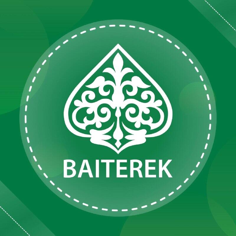 A green background features a translucent circular area outlined by white dashes, containing a white ornate spade-like emblem at the top and the word "BAITEREK" in white capital letters below it.