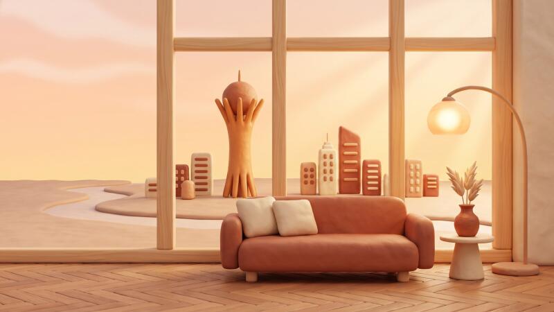 An interior scene with a terracotta-colored sofa and two light pillows, a side table with a vase of dried plants, and a floor lamp, all set on a herringbone wooden floor. A large window reveals a stylized, minimalist city with a distinctive tower and other buildings against a warm, peachy sky and a winding, sandy landscape.