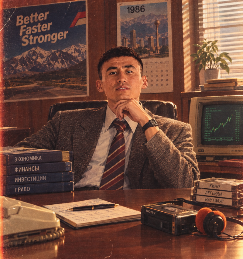 A man in a suit and tie sits at a desk in an 80s-style office, looking at the viewer with his chin resting on his hand. Posters on the wall read "Better Faster Stronger" and "1986" featuring a city skyline. The desk contains books titled "ЭКОНОМИКА", "ФИНАНСЫ", "ИНВЕСТИЦИИ", "ГРАВО", a vintage computer with a graph, a telephone, a notebook, a Sony Walkman with headphones, and cassette tapes labeled "КИНО", "ЛЕГЕНДЫ", "НАУТИЛУС".