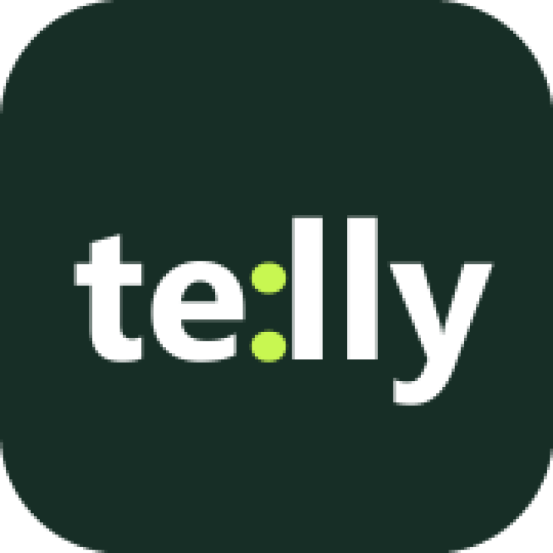 A dark green rounded square icon features the white text "te:lly", with the colon dots rendered in lime green.