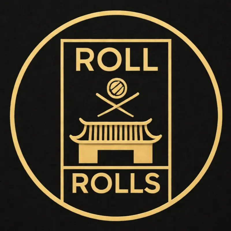 A black background with a gold circular frame containing a gold rectangular frame. Inside the rectangle, the word "ROLL" is at the top, a stylized sushi roll with crossed chopsticks is in the middle, and a Japanese-style building with a pagoda roof is below it, followed by the word "ROLLS" at the bottom.