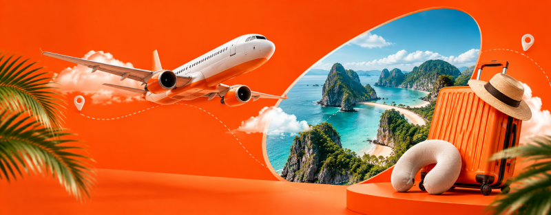 A vibrant orange travel-themed image features a white and orange airplane flying over a dotted path with location pins, framed by palm leaves. A cutout reveals a tropical beach scene with islands and turquoise water, while an orange suitcase with a straw hat and neck pillow rests on the right.