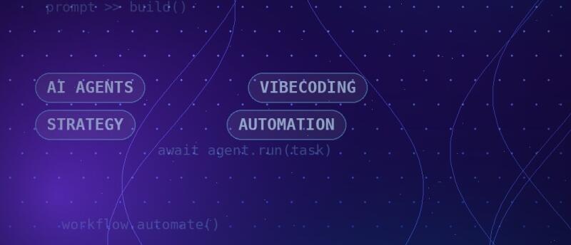 A dark blue and purple background with a grid of small dots and faint curved lines features several text elements: 'prompt >> build()', 'AI AGENTS', 'STRATEGY', 'VIBECODING', 'AUTOMATION', 'await agent.run(task)', and '.workflow.automate()'. The words 'AI AGENTS', 'STRATEGY', 'VIBECODING', and 'AUTOMATION' are enclosed in oval-shaped buttons.