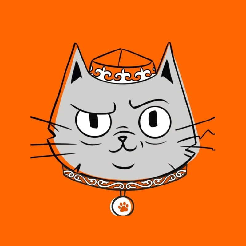 A cartoon grey cat's head with a slightly grumpy expression, wearing a traditional-style hat and a collar with a paw print tag, set against a solid orange background.